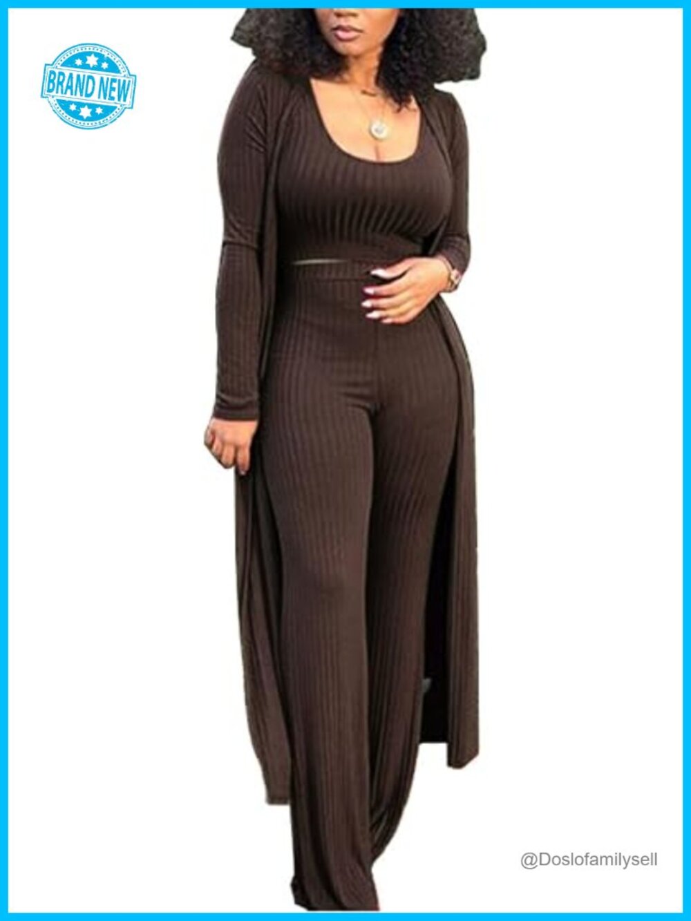 3 Piece Ribbed Knit Crop Tank Wide Leg Pants Cardigan Set